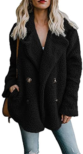 OMZIN Veste En Fausse Fourrure Femmes Double Breasted Short Outwear Lapel Coat Loose Winter Casual Fashion Noir L