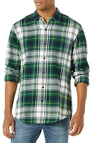 Amazon Essentials Men's Regular Fit Long-Sleeve Flannel Shirt, Soft Brushed Cotton, Lightweight yet Warm, Green White Plaid, X-Large