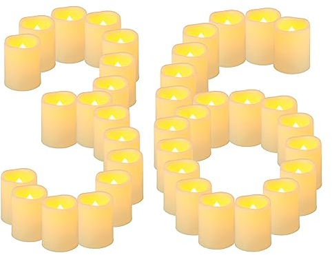 Yakpo 36 Pack 1.5 x 2 Flameless Votive Candles Battery Operated, Flicker LED Tea Lights Electric Flickering Outdoor Fake Candle Bulk for Wedding Halloween Pumpkin Light Christmas Home Decorations