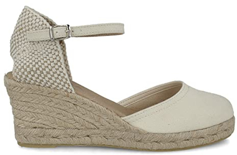 PAYMA - Sandales Compensées en Jute pour Femmes. Fabriqué en Espagne en Toile. Fermeture à Boucle à la Cheville. Semelle Rembourrée en Tissu