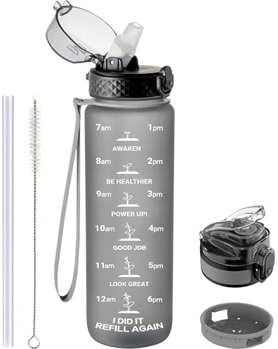 GOPPUS Botella Agua de 1l/32 oz con Pajita Botella de Bebidas Irrompible a Prueba de Fugas con Marcas de Tiempo Botella Deportiva Tritan para Gimnasio Escuela Grande para Adultos Sin BPA con 2 Tapas
