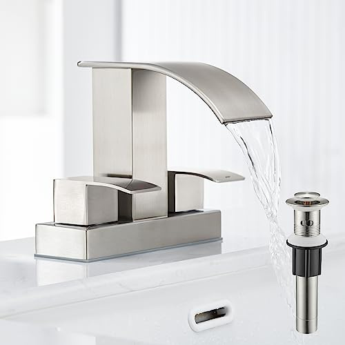 Waterfall Bathroom Sink Faucet Set with Pop Up Drain Stopper & Supply Lines - 4 Inch 2 Handles Centerset Faucet 2 or 3 Hole Lavatory Faucet Bathroom Vanity Mixer Tap Basin Faucets Brushed Nickel