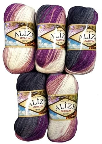 500 Gramm Ilkadim Export Burcum Batik Wolle mehrfarbig mit Farbverlauf, 5 x 100 Gramm Acryl Strickwolle bunt (beere lila grau weiss 1986)