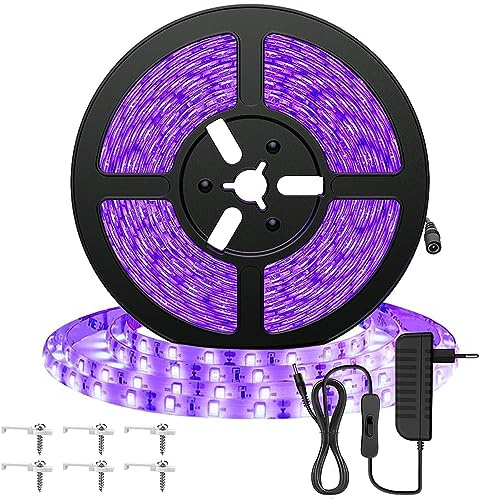 Elegant UV-LED-remsa 5 m svart ljusremsa med strömförsörjning, 12 V flexibel 300 LED-band, självhäftande 2835 ljuslist UV-lampa, ljusband svart ljus för fest, bar, neonfärger, klubb, disko, dekoration