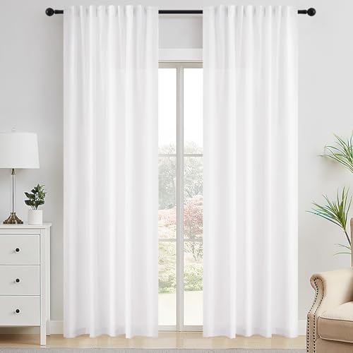 MRTREES Gardinen mit Kräuselband Vorhang Wohnzimmer Modern Vorhänge Weiß Halbtransparente Stores Gardine 225 x 132cm (H x B) 2er Set