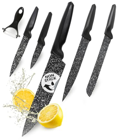 GOURMETmaxx Lot de 6 couteaux de cuisine avec revêtement anti-adhésif | Couteau de cuisine, couteau à pain, à découper, éplucheur et universel + éplucheur en céramique pour couper sans effort les