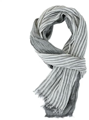 Naoyoshi Bufanda de algodón y lino a rayas para hombre, bufanda cálida de pashmina, chales de moda para hombre, Gris Claro, 180*70cm