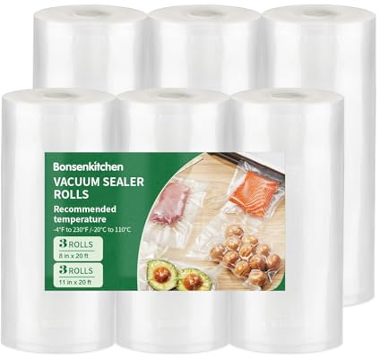 Bonsenkitchen Vacuum Rolls 20cm*600cm 3Rolls + 28cm*600cm 3Rolls Vacuum Film - Professional Vacuum Bags for Vacuum Sealers and Food Vacuum Sealers, Anti- Boiling and Soda Freezer Bags, BPA-Free, TB06