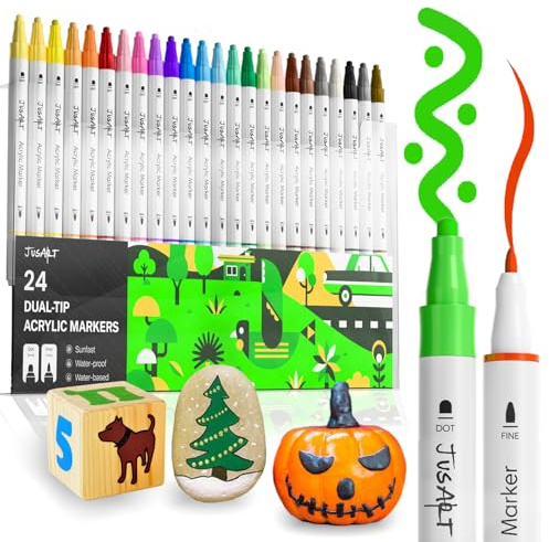 JusArt 24 marcadores de pintura acrílica de doble punta con puntos y punta fina, bolígrafos de pintura que no se corren y marcadores impermeables para roca, madera, vidrio, cerámica, suministros de