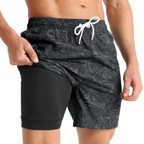 iCKER Swimming Shorts Men Swim Trunks 2 in 1 Compression Liner Shorts