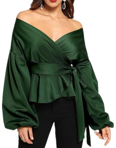 Damblusar Långärmade Blusar För Damer V-ringad Volangblus Off Shoulder Knyt Midja Omlottoppar Dressiga Skjortor(Green,M)