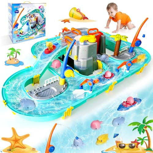 NlsqEU Wasserspielzeug Kinder,Wasserbahn Kinder Draußen,Wasserbahn Wasserspieltisch Strandspielzeug Wasserbahn Set mit 2 Booten und Angelfunktion für Kinder ab 3 Jahren