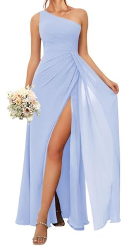 AHERKLL HAH005 - Vestidos de dama de honor de gasa para mujer con abertura, vestidos de graduación, plisados, vestidos de cóctel, talla grande, morado, 36