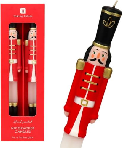 Talking Tables 2 Velas de Cena pintadas a Mano con Cascanueces de 25 cm, candelabros de Navidad sin Perfume, 6 Horas de combustión, decoración Festiva de Mesa de Navidad, Relleno de Calcetines o