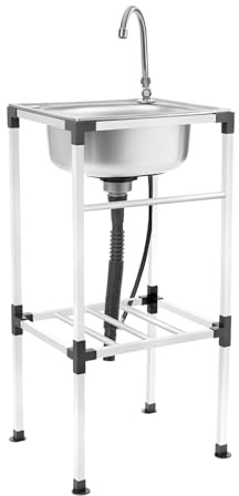 Ausgussbecken Freistehende Spüle 38 x 33 x 83cm Edelstahl Waschbecken Küche Gewerbespüle mit 360 ° drehbarer Kaltwasserhahn Werkstatt, Outdoor Spültisch Belastbarkeit 60kg Ausgussbecken Waschküche