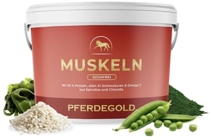 Pferdegold Muscles - Pellet per cavalli senza soia, 1,5 kg, con proteine di piselli e Omega 3, supporta la costruzione muscolare, 100% naturale e senza dopazione, elevata biodisponibilità