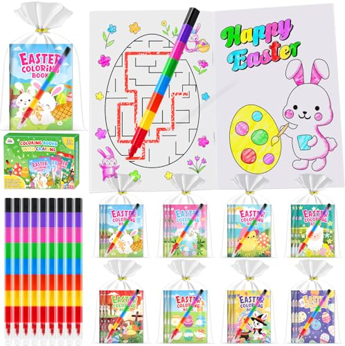 ZMLM Mini Libri da Colorare con Pastelli a Cera regalini fine festa compleanno, gadget compleanno bambini per 4 a 8 Anni Attività Artistich (Pasqua,24)