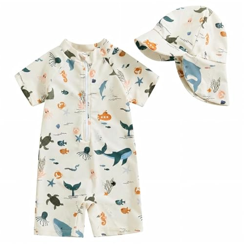 JiAmy Traje de baño de una pieza de manga corta uv ropa para niños pequeños niño niña 3 meses - 3 años, beige, 9-12 meses