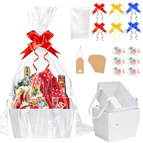 SelfTek Set med 6 tomma presentkorgar i vitt kraftpapper med cellofanpåsar, dragsnören, etiketter och önskekort, skapa egna presentkorgar för födelsedagar, jul, bröllop