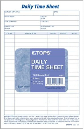 TOPS Daily Employee Time and Job Sheet, 6 x 9.5 Inches, 100 Sheets per Pad, 2 Pads/Pack (30041)