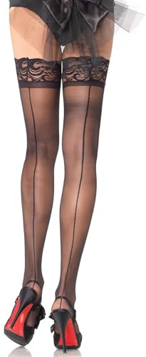 Leg Avenue Thigh High Stockings, Lace Top Cuban Heel Backseam Stockings, Black, One Size