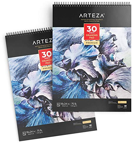 Arteza Zeichenblock 46 x 61 cm im 2er-Set, Skizzenblock mit Spiralbindung je 30 Blatt, weißes Zeichenpapier 120 g/m² für trockene Medien, Künstler Malblock für Profis und Anfänger