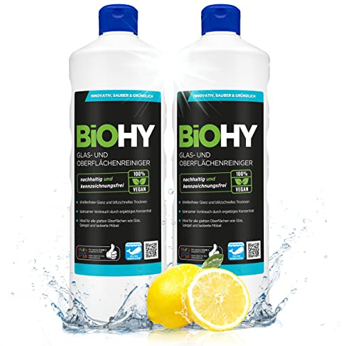 BiOHY Detergente per vetri e superfici (2 bottiglie da 1l) | Detergente concentrato a base di alcool | Detergente biologico professionale (Oberflächenreiniger)
