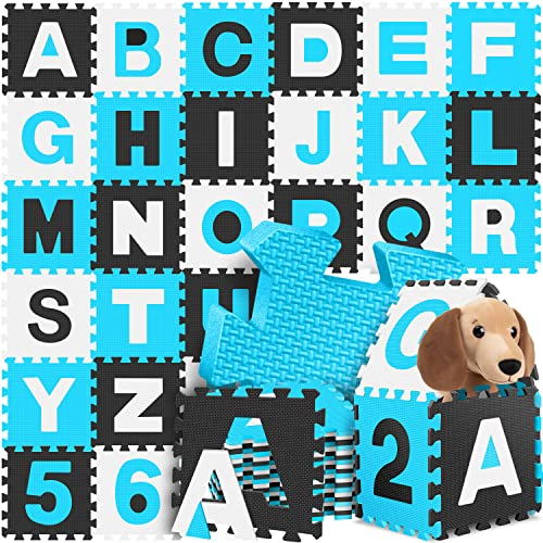 KIDIZ® Spielmatte 86 TLG Spielteppich Puzzlematte Kinderteppich Schutzmatte Kinderspielteppich Schaumstoffmatte ABC Lernteppich Puzzleteppich Puzzle Zahlen Buchstaben Maß je Matte ca. 31,5x31,5cm Blau