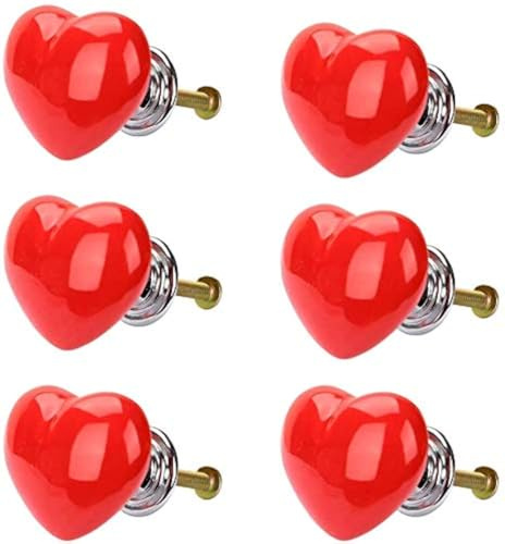 POFET Lot de 6 boutons de tiroir de commode en forme de cœur vintage en céramique pour cuisine, armoire, chambre d'enfant - Rouge