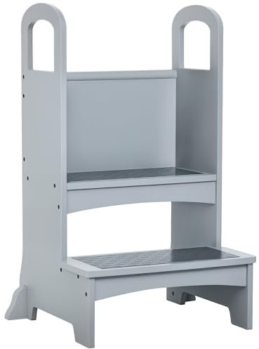 HOMCOM Kids Wooden Step Stool Kitchen Helper w/Non-Slip Panels Handles Child Toddler Home Help 3-8 Yrs Grey