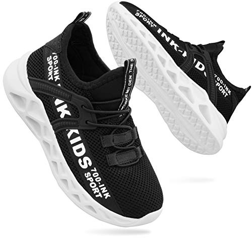 Anbiwanglo, pojkar, flickor, sneakers, barn, stickade skor, lätta snörskor, traillöpning, sneakers, nät, ventilerande löparsportskor med mjuka sulor, Svart och vit, 31 EU