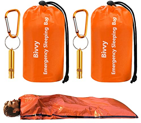 LAMA 2 Notfall Schlafsack + 2 Signalpfeifen + 2 Karabinerhaken, Erste Hilfe Rettungsdecken Survival Biwaksack, Wärmespeicherung Kälteschutz Wasserdicht Notfallzelt Überleben Rettungszelt, Orange