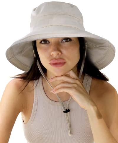 Sun Hats for Women Gardening Hat Wide Brim Ponytail Beach Sun Protection Breathable Cotton Summer Hat with Fold-Up Brim Beige