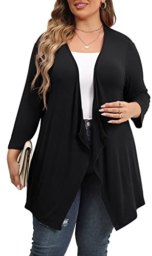 TIANZHU Plus Size Lightweight Cardigan for Women Open Front 3/4 Sleeve Drape Duster Sheer Kimono Casual Beach Cover Up Black 4X