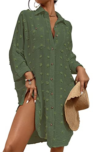 Bsubseach Swimsuit Coverup for Women Bathing Suit Blouse Button Down Shirt Dresses Swiss Dot Army Green