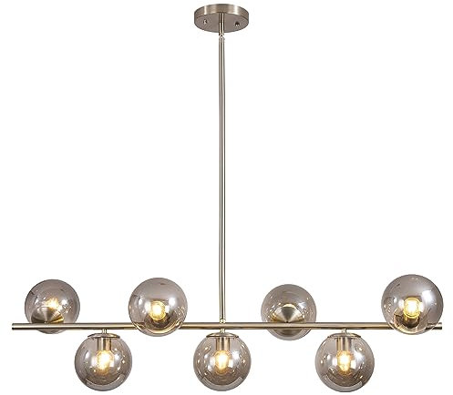 KCO Lighting - Lámpara de araña moderna de mediados de siglo con 7 luces plateada, níquel cepillado, iluminación colgante para isla de cocina, globo de cristal gris ahumado, lámpara colgante de techo