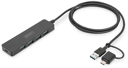 DIGITUS DA-70236 – USB Hub – 4-Port USB 3.2 Gen 1 Hub Typ A & C – Superspeed Datenübertragung bis 5 Gbit/s – Kompakt & tragbar – Plug-and-Play – Für PC, Notebook & Mac – Schwarz