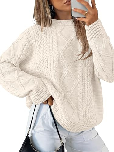 ANRABESS Sweaters for Women Oversized Cable Knit Fall Long Sleeve Crewneck Casual Pullover Sweater Tops 2025 Winter Outfits Apricot XX-Large