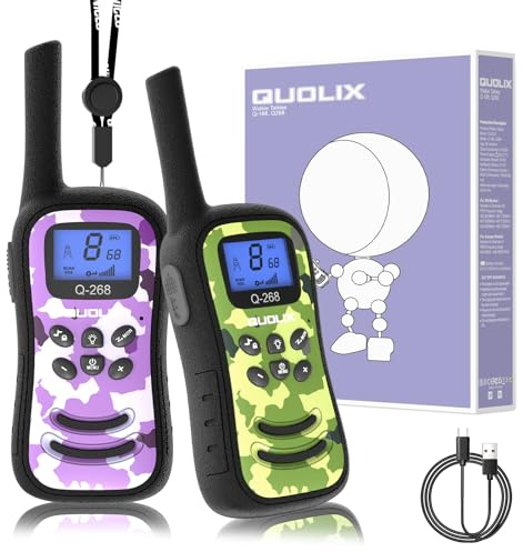 QUOLIX Talkie Walkie Rechargeables pour Enfants, Camouflage Talkies-Walkies Radio 2 Voies Longue Portée 8 Canaux avec Fonction Vox,Cadeau pour Filles Garçons de 3 à 12 Ans (Vert+Violet)
