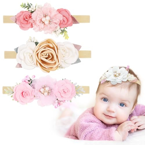 3 delar Baby Girl Pannband, Baby Girl Pannband med Grosgrain Ribbon Nylon Blommiga för baby, småbarn och nyfödda håraccessoarer (rosa)