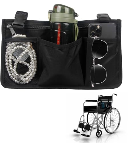 Rrollstuhltasche für Armlehne Seitlich-Rollstuhlsack mit reflektierenden Streifen Rollstuhl Tasche mit Namenskartenfach für die Meisten Rollstühle, Gehhilfen oder Rollatoren,Scooter (Schwarz)