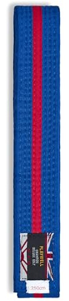Playwell kampsport bomullsfärgat bälte med olika färgade ränder graderingsbälte – (karate, Judo Taekwondo), Blått bälte med röd rand, 250cm