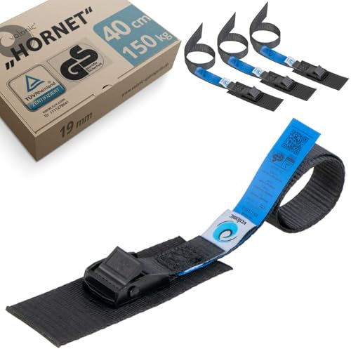 valonic Hornet - 4X 40cm cinchas de Amarre Cortas, 19mm, 150 KG, Acolchadas, Certificado TÜV Rheinl. & GS, EN-12195-2 - Cierre de Abrazadera, Negro, Cinta para portabicicletas, portabicis, Bicicleta