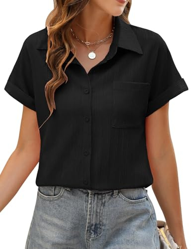 PASUDA Camicia Donna Estiva Camicetta Elegante Blusa Manica Corta da Donna Maglia Estiva Maglietta Casual Scollo a V con Bottoni Shirt Tinta Unita Classico Tops (Nero, M)