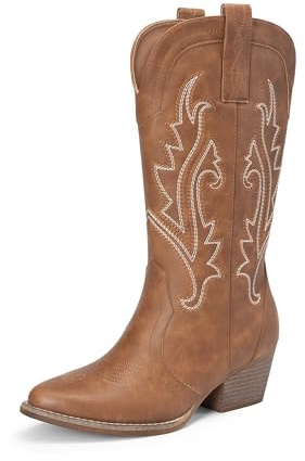 DREAM PAIRS Women's Cowboy Boots Embroidered Pointed Toe,Brown,5