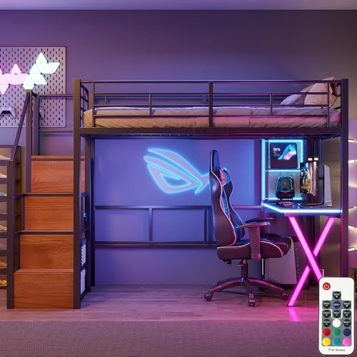 Hochbett 140x200 mit LED und Offener Lagerschrank, Kinderbett Hochbett mit Schreibtisch und Mehrere Regale,Jugendbett Doppelbett mit Leiter und Geländer,Schwarz (Ohne Matratze)