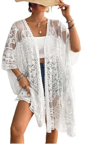 Qianderer Women's Lace Kimonos Bikini Cover-Up Summer Beach Coverup Swimsuit 3/4 Sleeves Open Front Sheer Mesh Crochet Kimono Cardigan (Ba White, One Size)