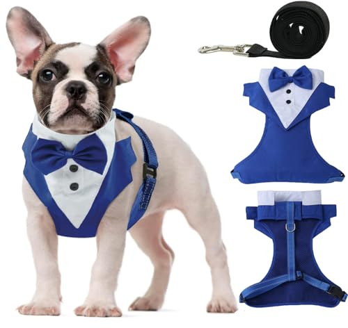 OUOBOB Harnais de smoking pour chien avec laisse anti-traction, harnais formel pour chiot avec nœud papillon pour mariage, harnais en maille respirante, harnais pour animaux de compagnie pour chiens