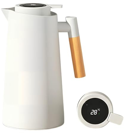 Colexy Pichet Isotherme, 1L Carafe à Café Thermique, Thermos Sous Vide Isolé, Manche En Bois, Pour Le Café Au Thé Chaud Et Froid, Cuisine, Bureau, Hôtel Gardant Le Chaud et Le Froid (Blanc)