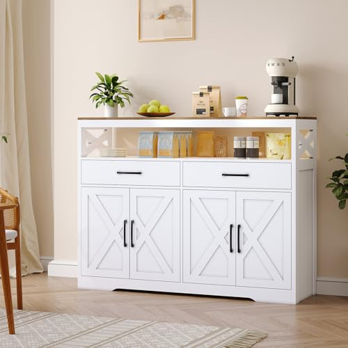 LKPOMI Credenza Cucina, Mobile Cucina con 4 Ante e 2 Cassetti, Madia Soggiorno Moderna Buffet Cucina Madia Bianca per Ingresso, Soggiorno e Sala da Pranzo (Bianco e Legno A, 140 x 40 x 105 cm)